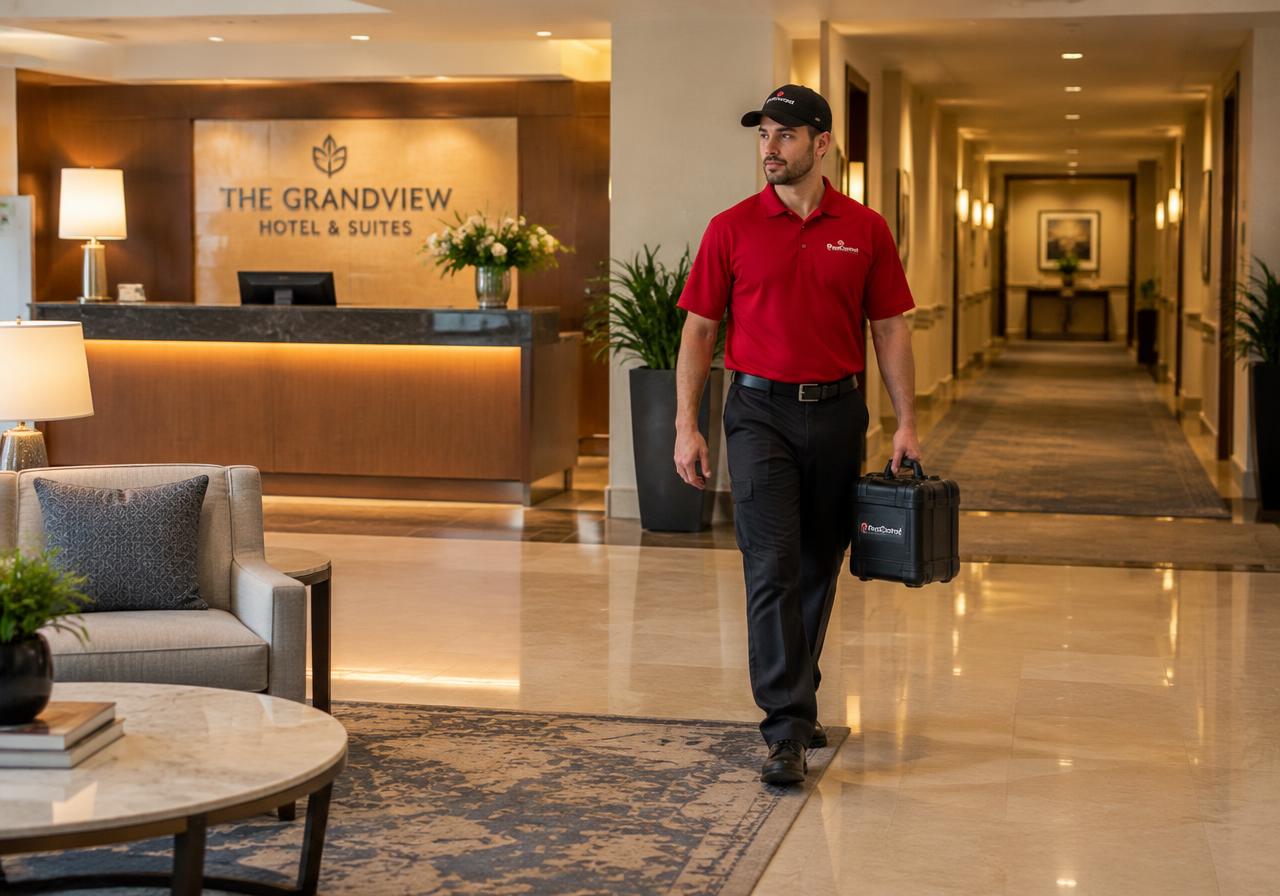SWAT technician walking discreetly through a hotel lobby